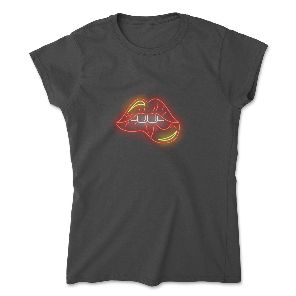 Neon Lips, T-shirt, Lip biting, Neon Bar lights. Ladies Fitted T-shirt, valentine/gift for her