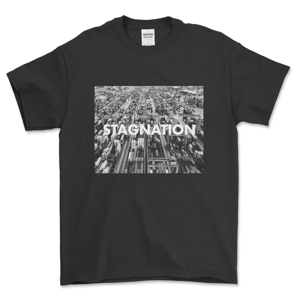 Stagnation, T-shirt Black & White Photography with typographic, Anti-Establishment, Punk gift t-shirt.
