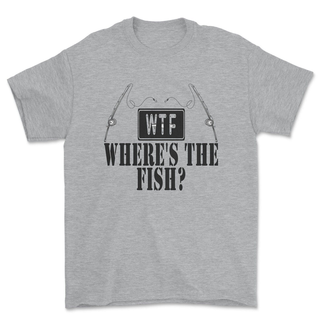 WTF 'Where's The Fish' Funny Slogan angling T-shirt Gift .