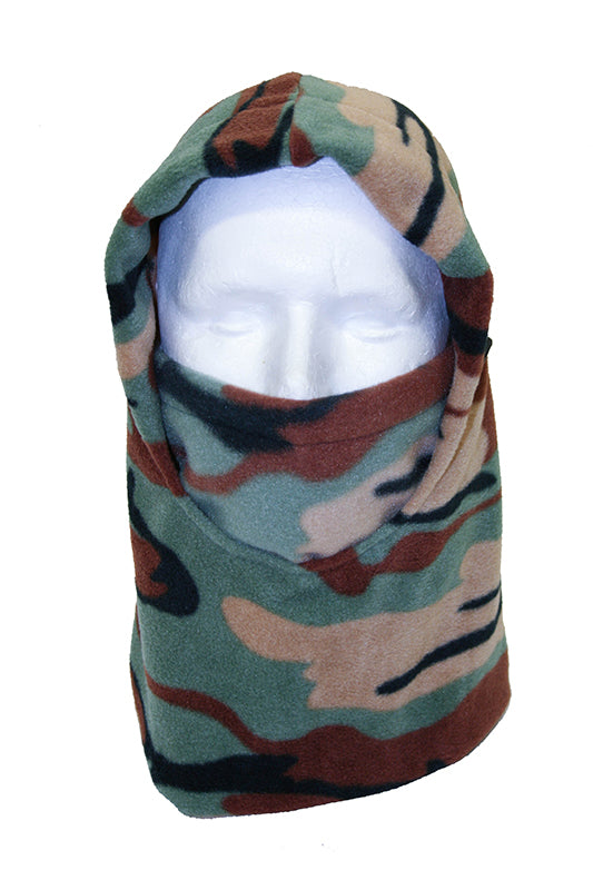 A green camouflage balaclava ski hood with a hood, displayed on a mannequin head.
