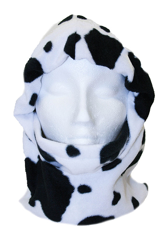 A black and white spotted fleece balaclava ski mask designed to be worn as a hood, hat, or neck-warmer.