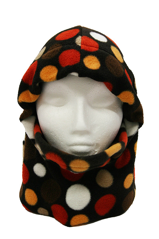 A fleece balaclava ski mask in black with a red and brown spot pattern, worn on a mannequin head.